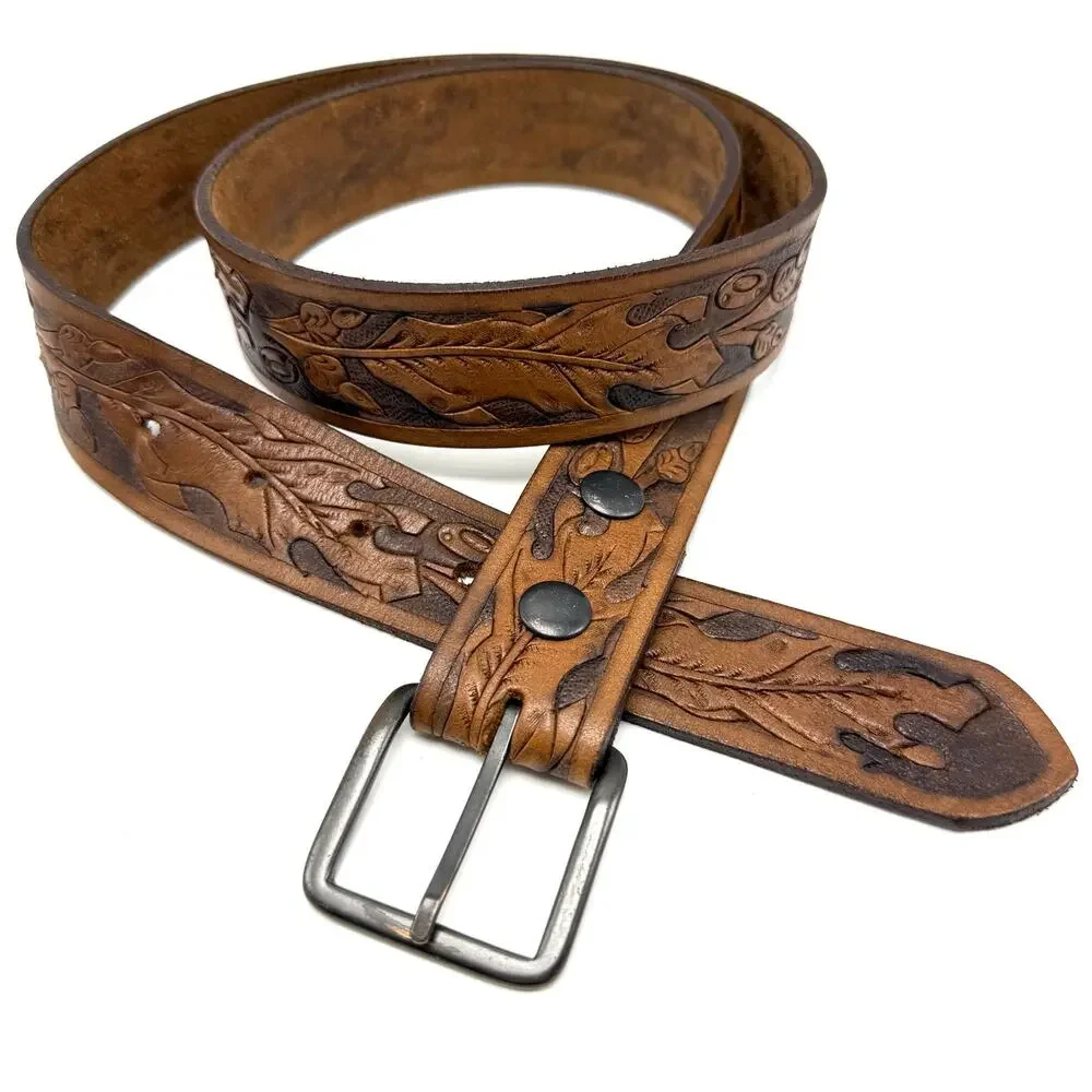 Vintage Brown Leather Western Belt 38 Tooled Leaves Cowboy Cowgirl Boho Hippie